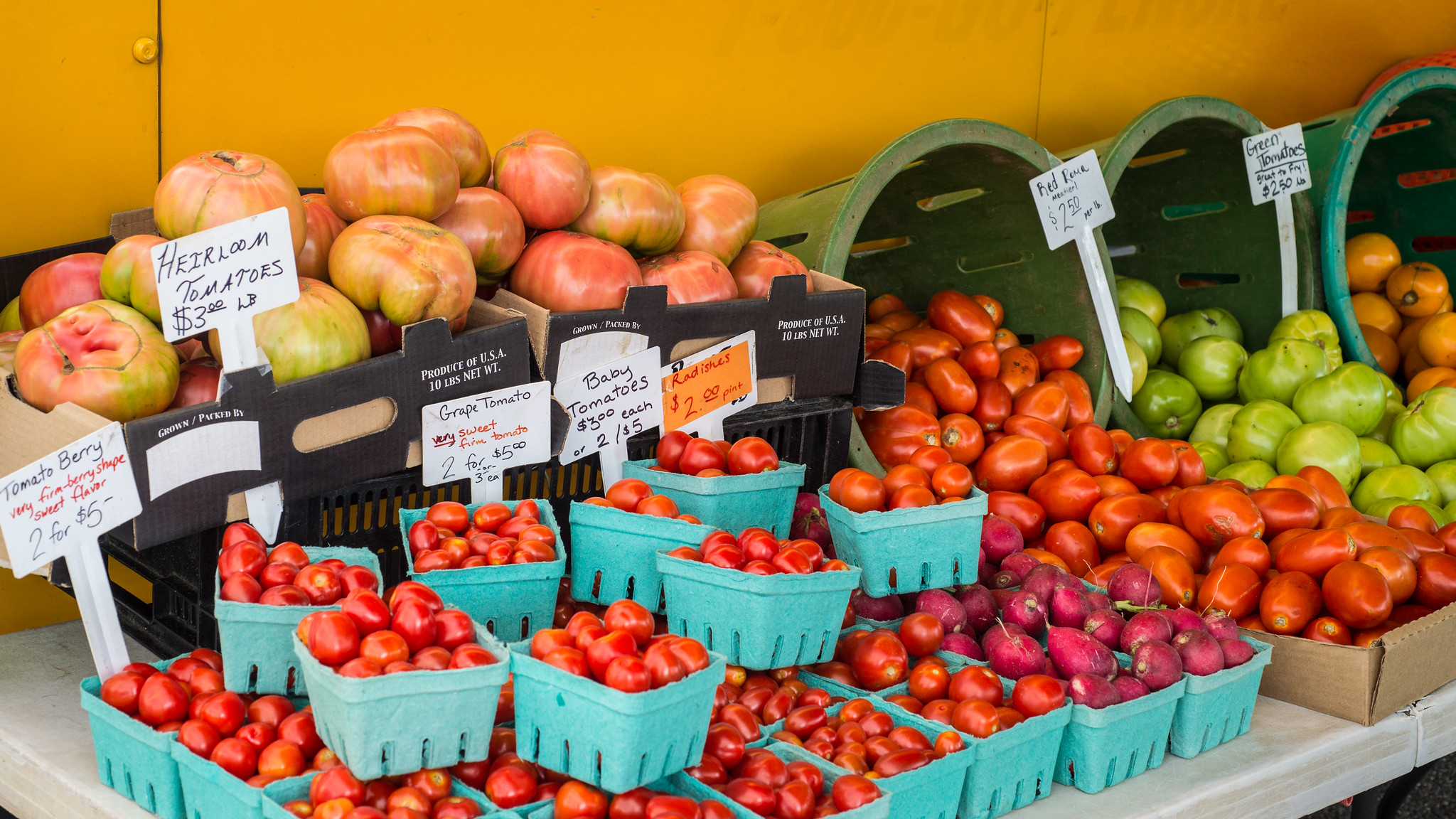 Tomatoes from the vendors at the U.S. Department of Agriculture (USDA) that can be used at the USDA Farmers Market's VegU educational tent demonstration of a Spanish Tomato Salad on Friday, July 22, 2016, in Washington, D.C. USDA Media by Lance Cheung.