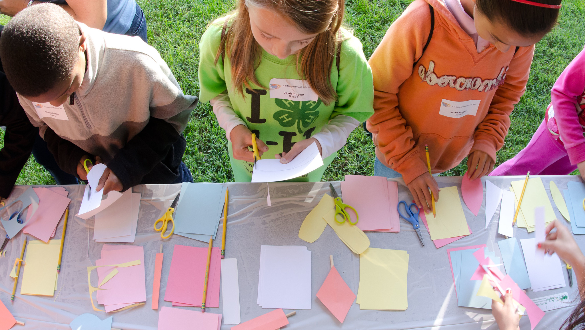 Some of the 150 children from Virginia and Maryland, participated in the 4-H Youth Science Day “Wired for Wind”. The 4H youth design and cut out paper wind generator blades at the National 4-H Conference Center in Chevy Chase, MD, on Wednesday, October 5, 2011. USDA and the 4-H are working to develop the next generation of scientists, engineers and technologists to help our nation recapture its status as a leader in these fields. USDA Photo by Lance Cheung.