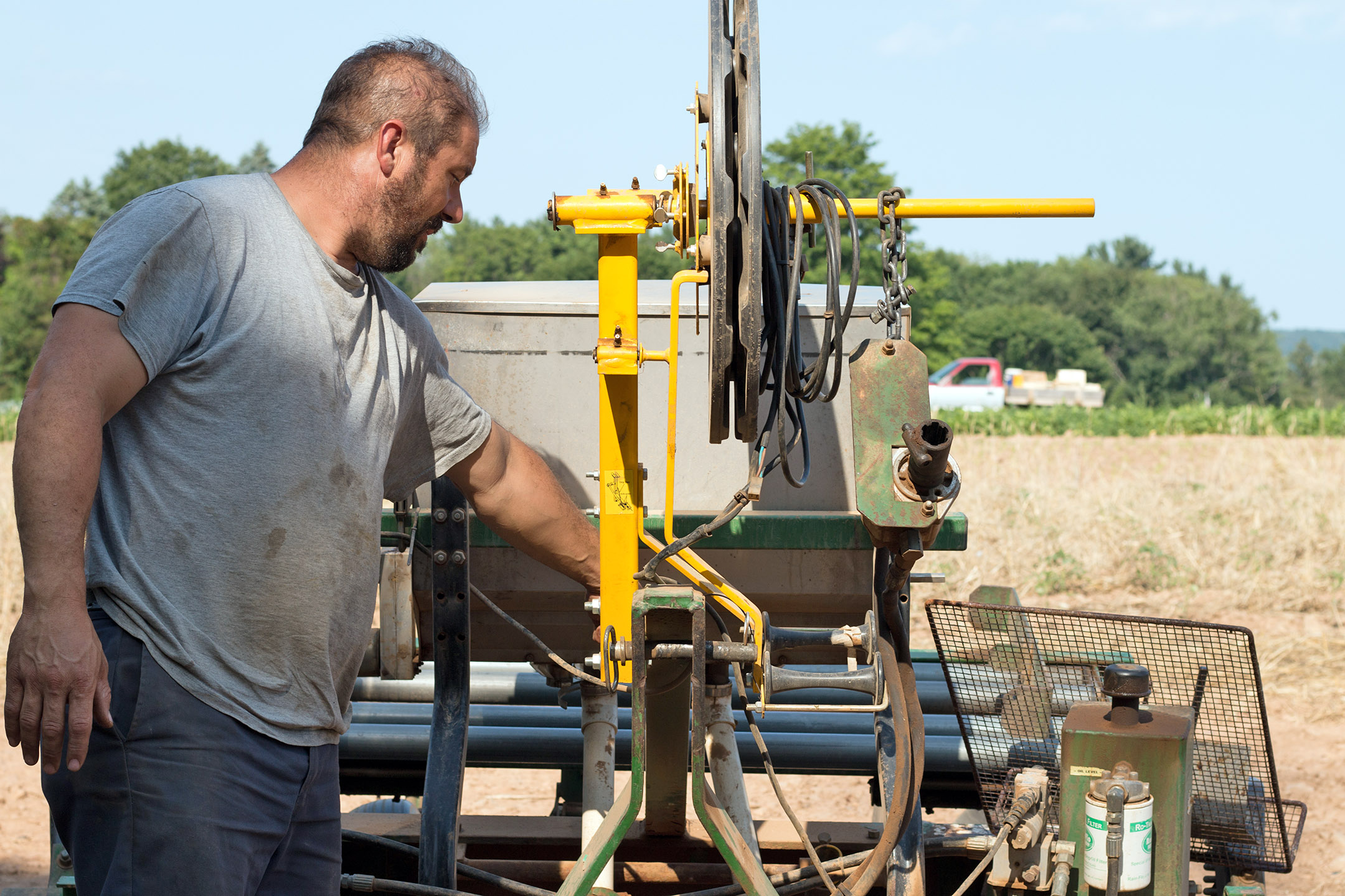 William DellaCamera explains how subsurface drip irrigation lines are set down on July 13th, 2018.