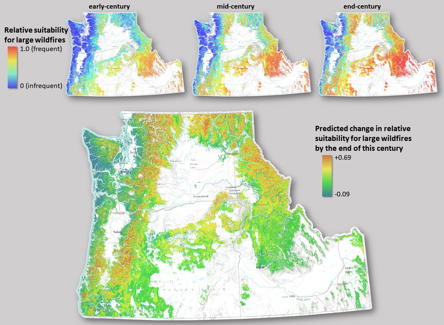 A map of projected wildfire in Idaho, Oregon, and Washington