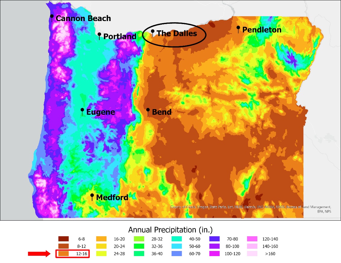 A map of Oregon showing different levels of precipitation and larger, well-known cities. A circle is drawn around the Dalles which shows 12-16 inches of annual precipitation. 