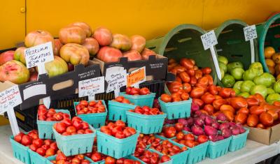 Tomatoes from the vendors at the U.S. Department of Agriculture (USDA) that can be used at the USDA Farmers Market's VegU educational tent demonstration of a Spanish Tomato Salad on Friday, July 22, 2016, in Washington, D.C. USDA Media by Lance Cheung.