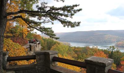 overlook down into valley, trees and river