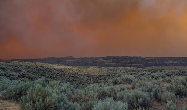 Smoke looms over empty ATV paths through sagebrush steppe near Electric City, Washington