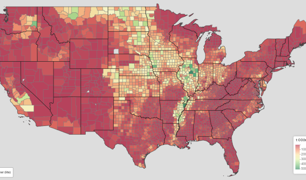 A map of the U.S. showing historical and projected greenhouse gas mitigation potentials on US agricultural lands