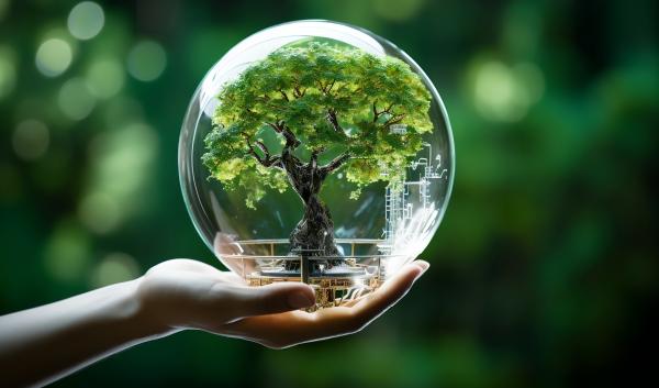 A hand holding a globe with a tree growing inside.