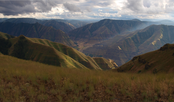 A grassy field with a panoramic view of mountains and clouds in the background.