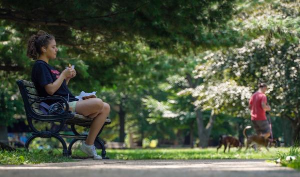 woman on bench with trees in the background